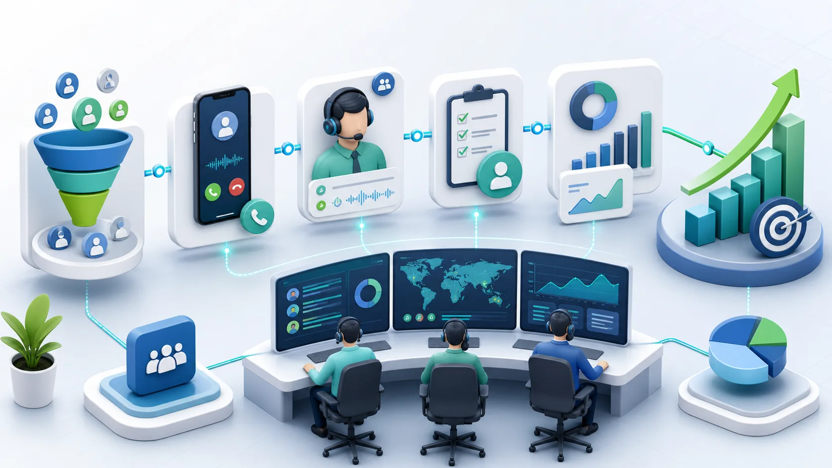 CRM workflow connecting lead capture, calling, monitoring, follow-up reports, and sales growth
