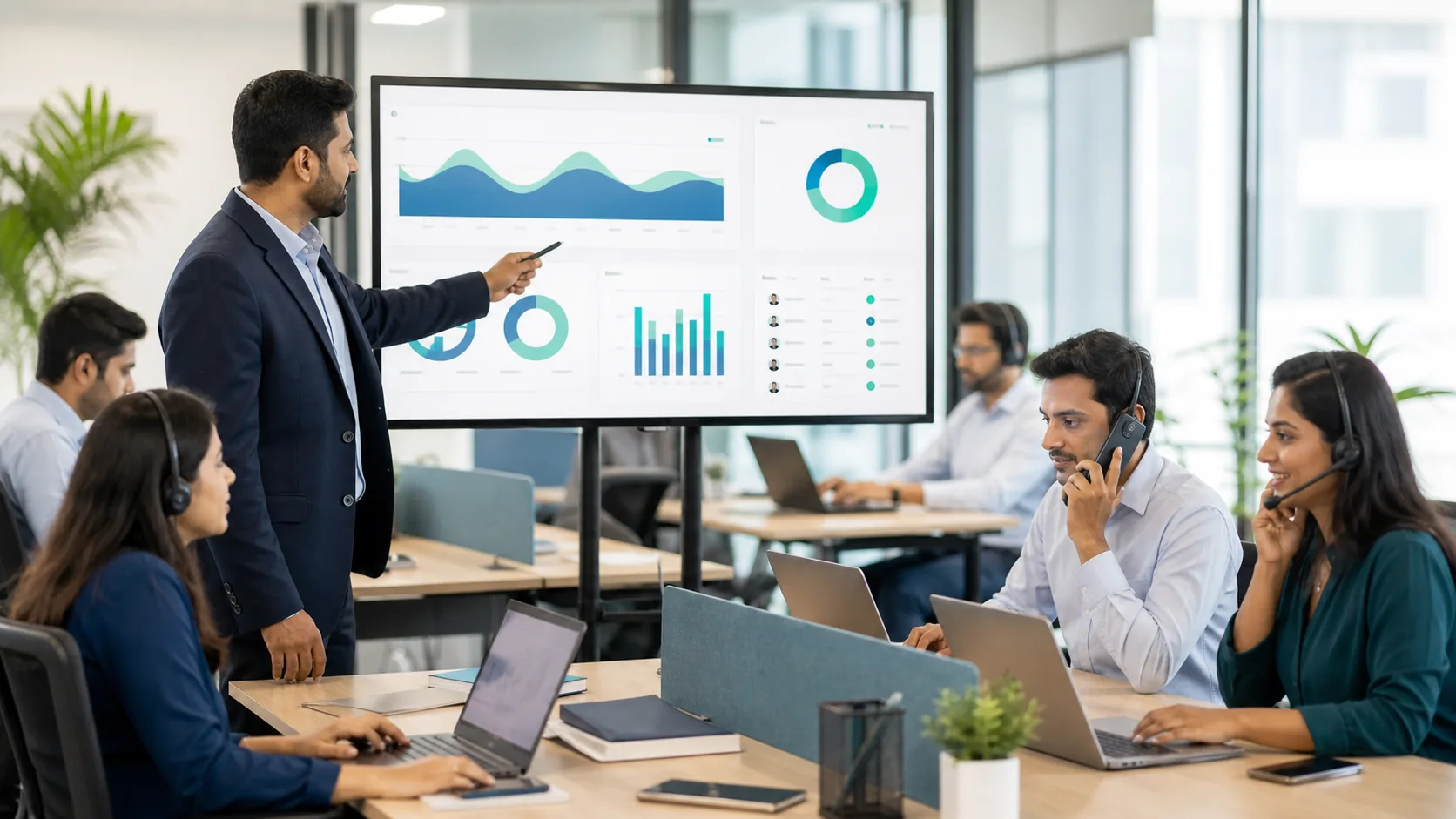 Sales manager using TDO CRM dashboard for live team monitoring and call tracking